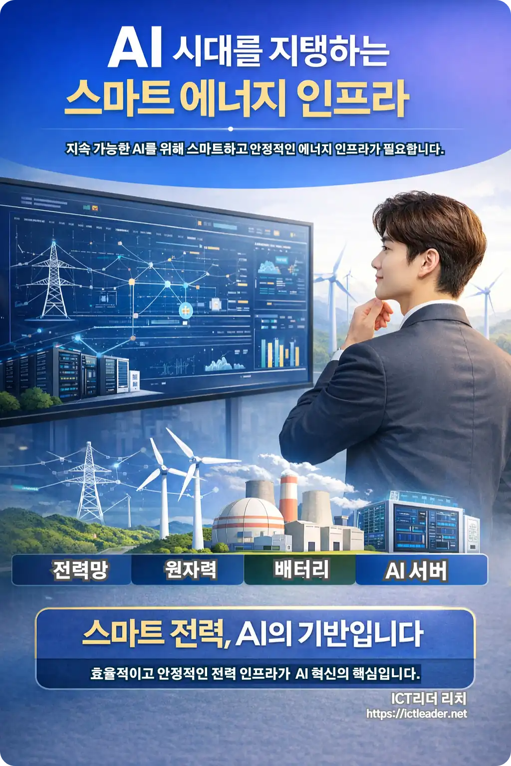 풍력 발전기와 데이터센터 디스플레이를 지켜보는 20대 남성 전문가의 인포그래픽 &ndash; 전력망, 원자력, 배터리 아이콘이 포함된 세로형 고품질 이미지