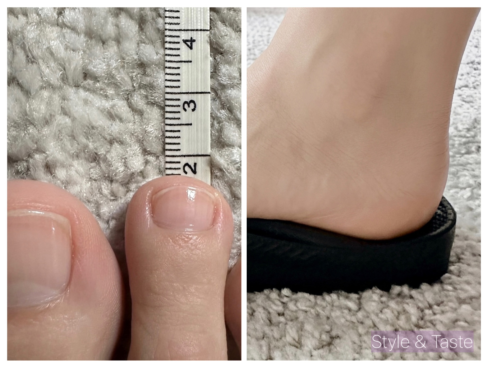 왼쪽은 줄자로 발길이를 측정하는 모습, 오른쪽은 아치스 쪼리를 신고 있는 뒤꿈치쪽 모습