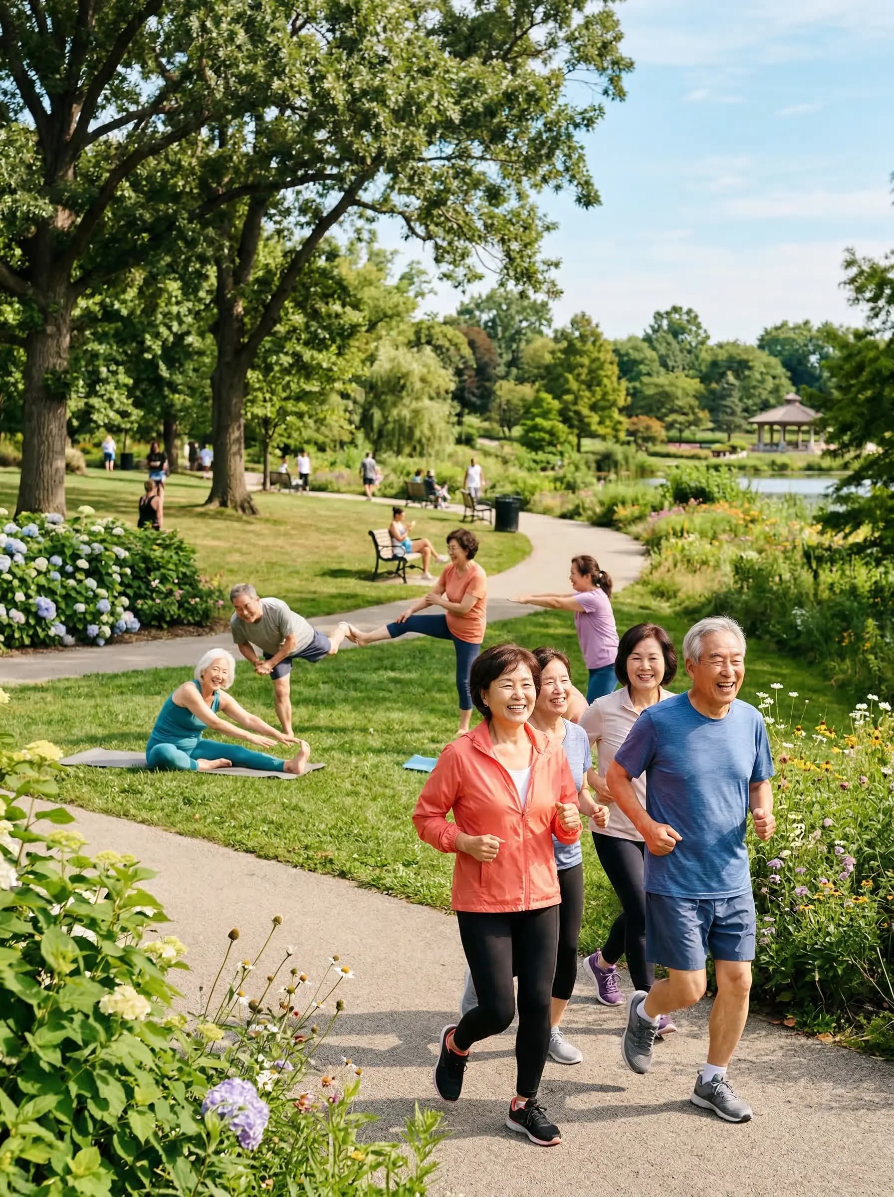 건강한 노후를 위해 야외 공원에서 활기차게 스트레칭과 운동을 하는 어르신들