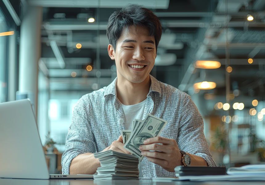 추석 상여금을 손에 쥔 직장인의 모습, 투자 고민을 상징하는 장면