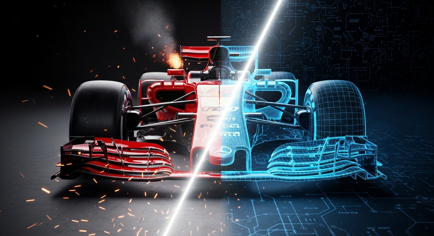 기존의 F1 경주차가 새로운 규정이 적용된 미래지향적인 설계도와 와이어프레임 형태로 변해가는 모습을 통해 기술적 변화와 시대의 전환을 상징적으로 표현한 이미지