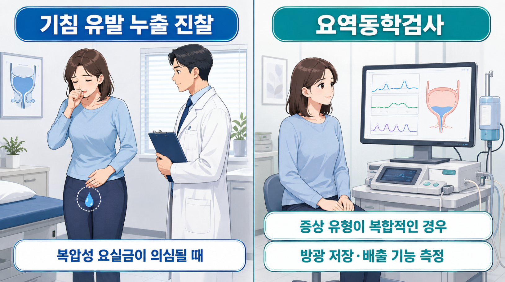 복압성 요실금의 기침 유발 누출 진찰과 필요 시 시행하는 요역동학검사