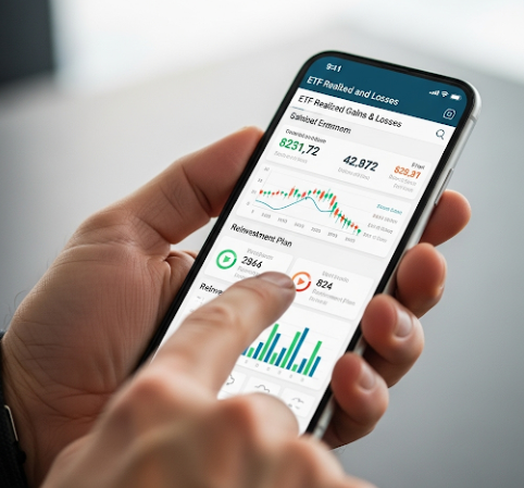 ETF 실현손익 관리 및 재투자: 스마트폰에서 ETF 실현손익과 재투자 계획을 확인하는 모습