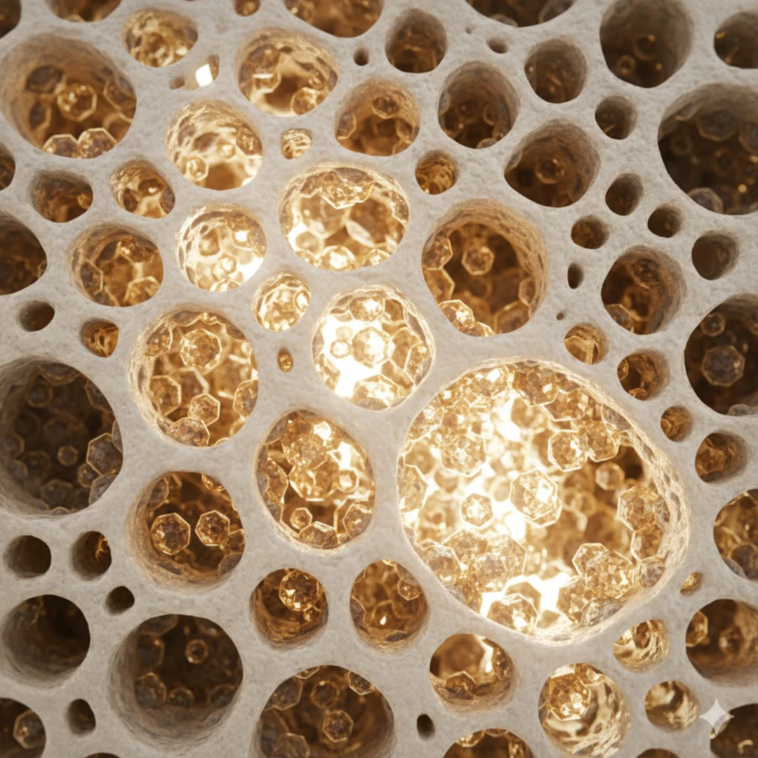 건강하고 튼튼한 뼈의 단면을 클로즈업하여 보여줍니다. 뼈의 미세한 구조 속에 마그네슘 분자들이 단단히 자리 잡고 있는 모습을 묘사합니다. 또는&amp;#44; 마그네슘 분자가 뼈의 구성 요소들을 강화하는 듯한 움직임을 표현할 수 있습니다. 골밀도를 상징하는 단단하고 견고한 느낌의 질감과 베이지&amp;#44; 흰색&amp;#44; 금색 계열의 색상을 사용합니다. 