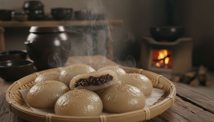 강원도 전통 방식으로 쪄낸 쫀득하고 투명한 감자떡의 근접 촬영