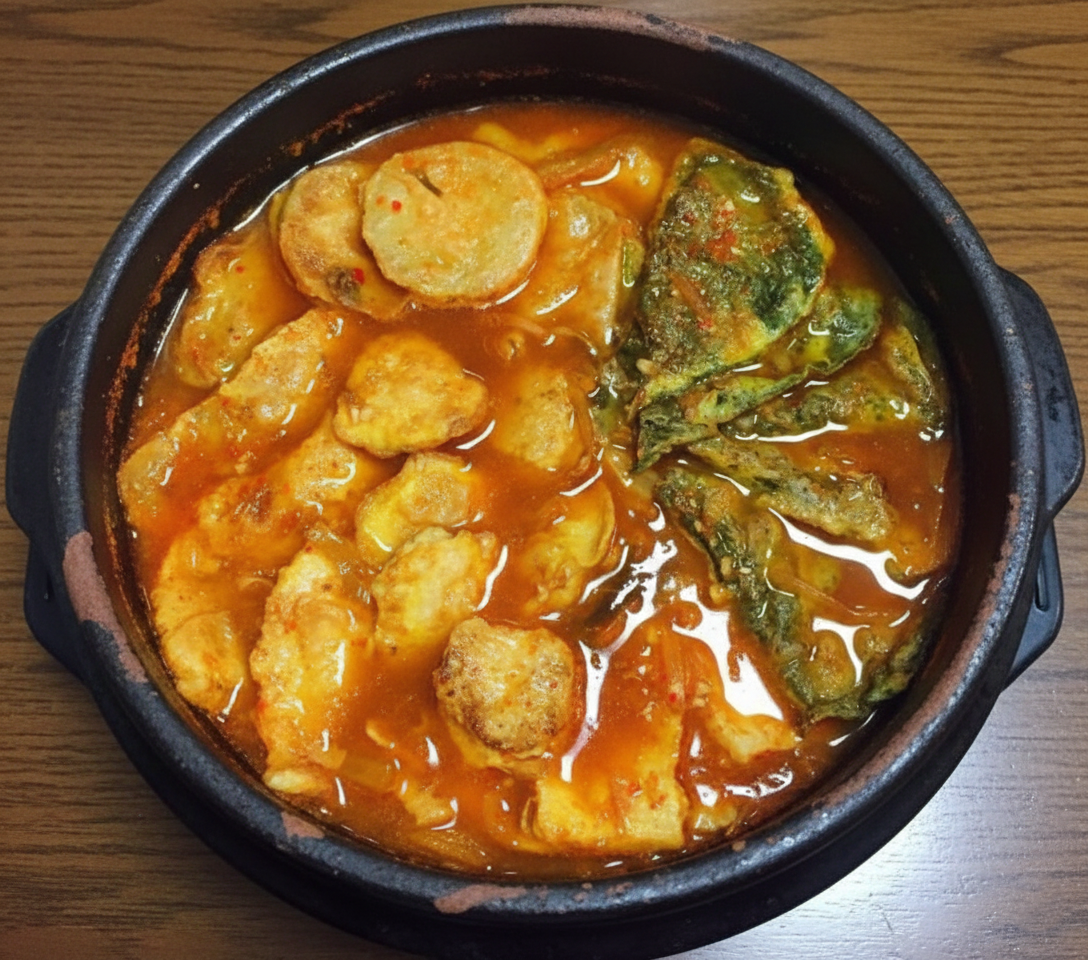 고추장찌개 베이스에 남은전을 듬뿍 담아 끓여낸 전 찌개.