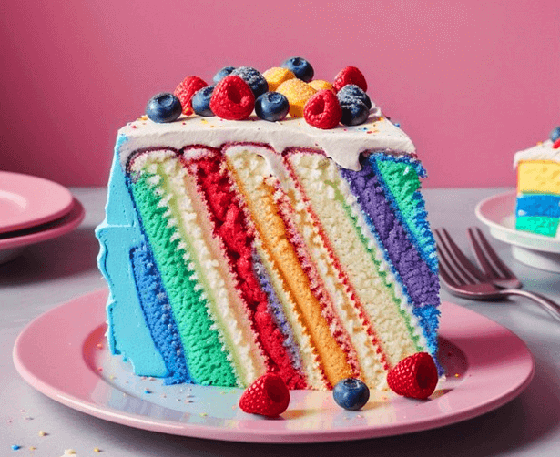 하얀 접시에 무지개 케이크 조각이 있다. 속은 무지개 색이고, 위에는 블루베리, 라즈베리가 있다.