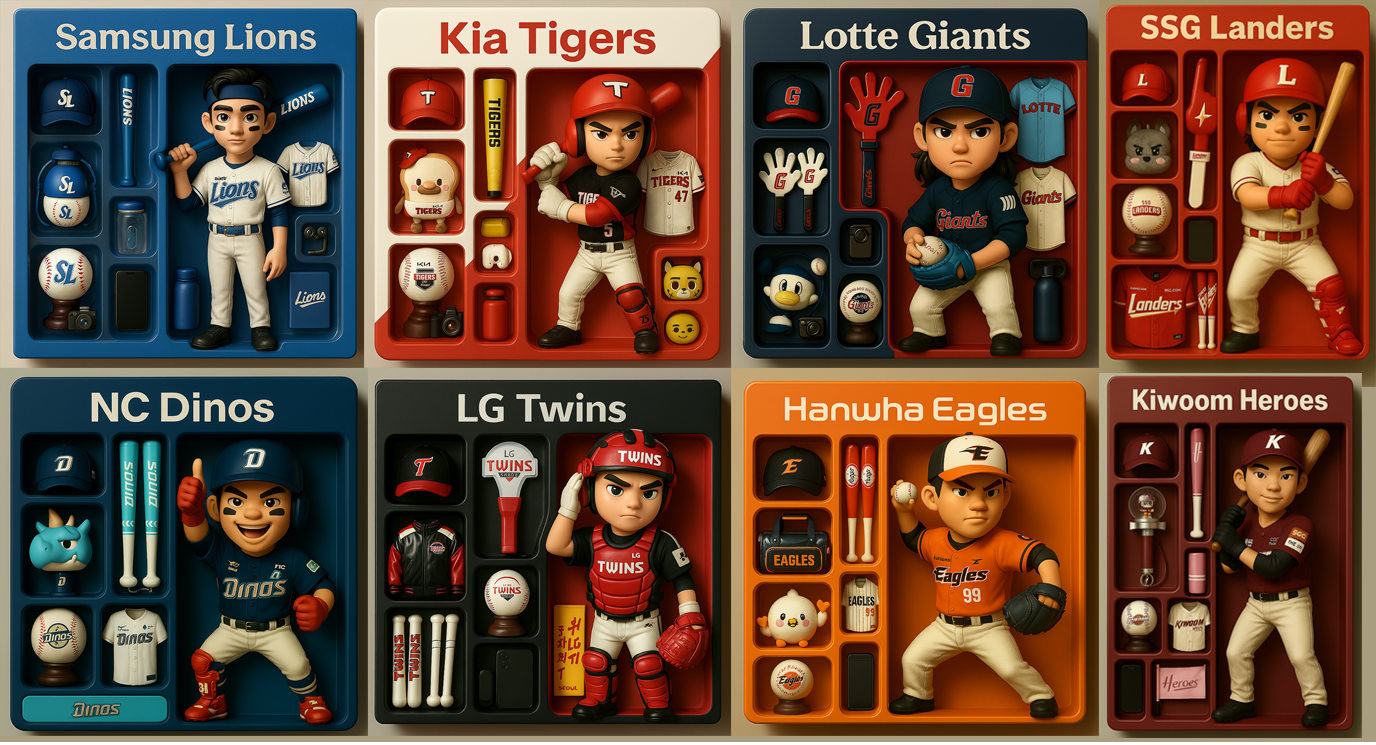 챗GPT로 만든 삼성 라이온즈, 기아 타이거즈, 롯데 자이언츠, SSG 랜더스, NC 다이노스, LG 트윈스, 한화 이글스, 키움 히어로즈 피규어 세트 장난감 이미지