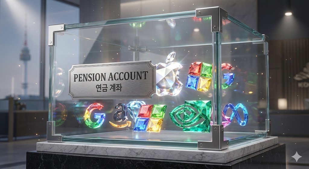 한국의 연금저축 계좌 금고 안에 미국의 대형 기술주 로고들이 보석처럼 가득 담겨 있는 3D 그래픽