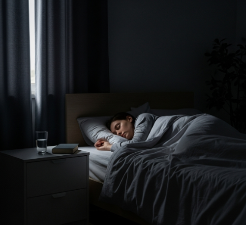 고요하고 어두운 침실에서 숙면을 취하는 사람의 모습