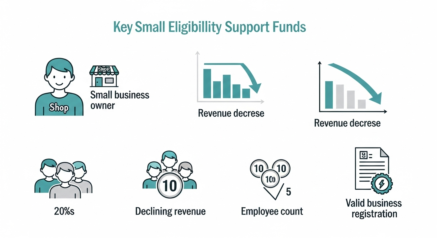 2025년 소상공인 지원금 자격 요건을 설명하는 인포그래픽: 매출 감소, 근로자 수, 사업자 등록 등.
