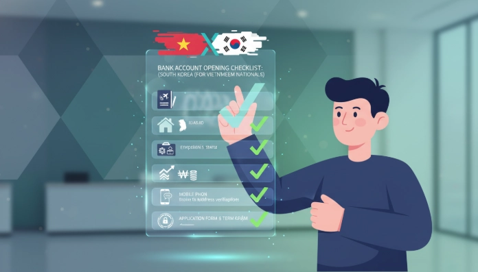 베트남 계좌 개설에 필요한 상세 서류 체크리스트를 시각적으로 표현한 인포그래픽. 한국인이 서류를 확인하는 모습과 각 서류 유형을 나타내는 아이콘들이 있다.