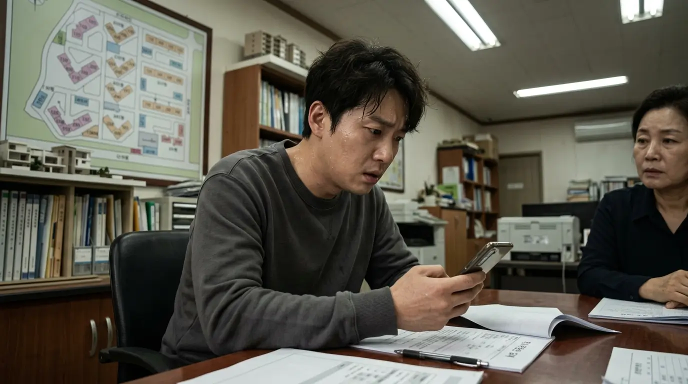 한국의 부동산 중개업소 내부에서 30대 남성 임차인이 은행 앱의 대출 부결 안내를 보고 극도로 당황하며 땀을 흘리는 사실적인 모습