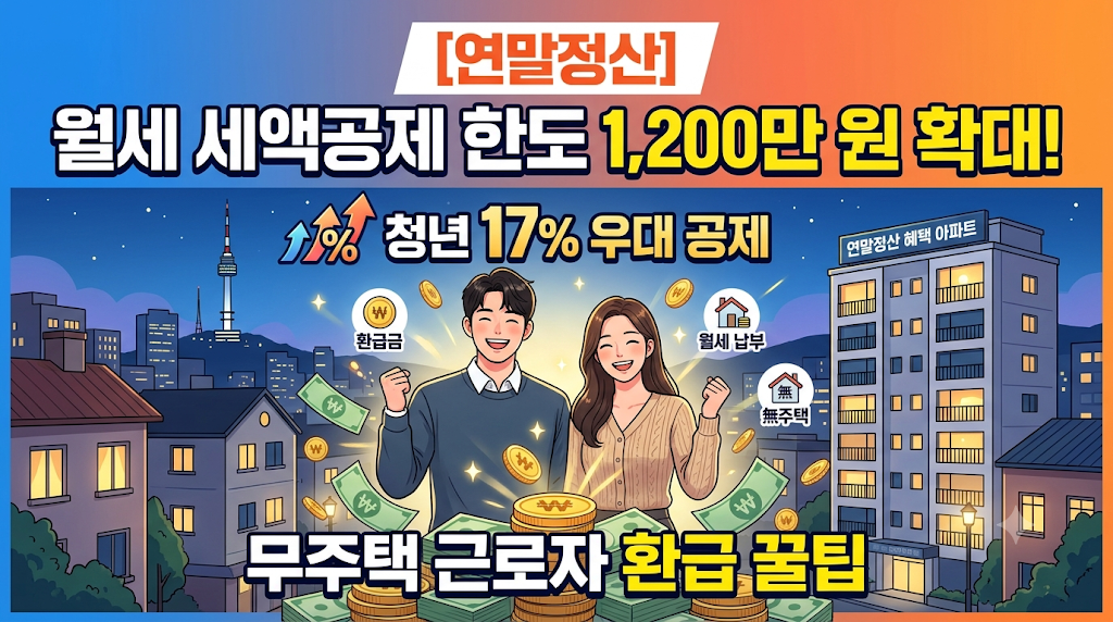 [연말정산] 월세 세액공제 한도 1,200만 원 확대 및 청년 17% 우대 공제: 무주택 근로자 환급 꿀팁
