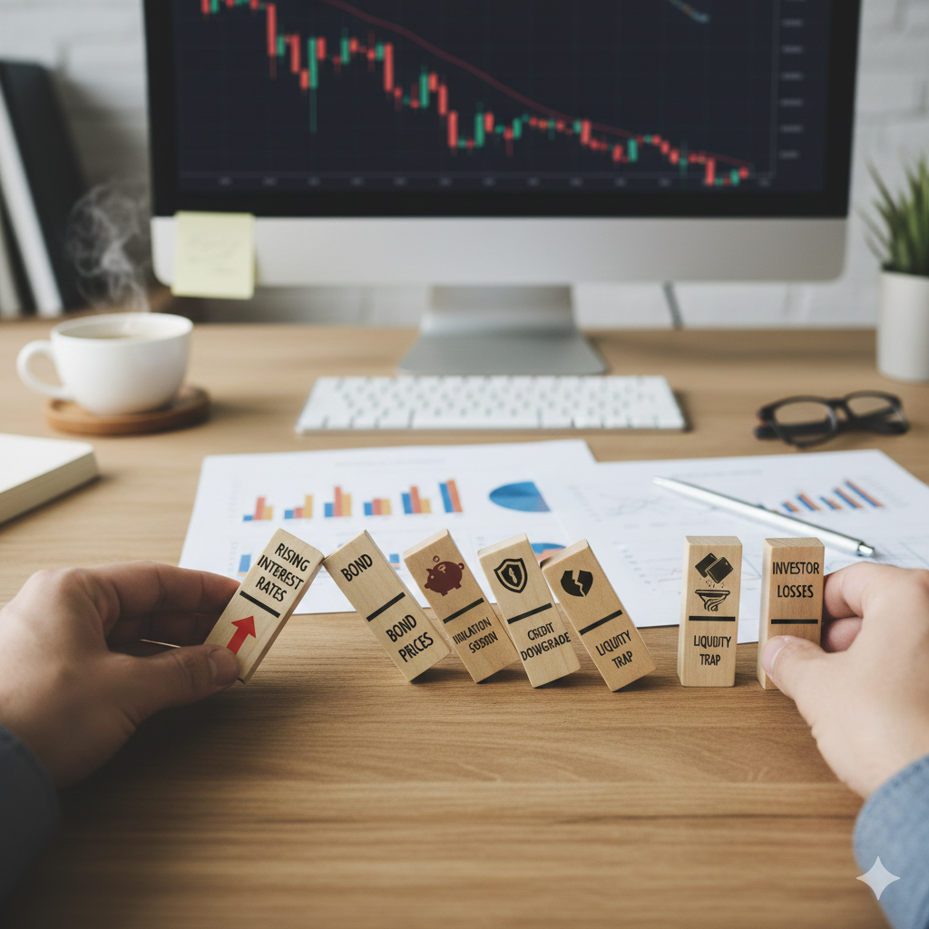 책상 위에 놓인 컴퓨터 모니터에 주식 차트가 표시된 가운데, 손가락으로 건드려 넘어지게 한 나무 도미노 블록들이 줄지어 서 있다. 각 블록에는 'RISING INTEREST RATES', 'BOND PRICES', 'INFLATION EROSION', 'CREDIT DOWNGRADE', 'LIQUIDITY TRAP', 'INVESTOR LOSSES' 등의 금융 위험 용어가 적혀 있으며, 화살표와 상징 아이콘(상승 화살표, 돼지 저금통, 깨진 방패, 균열 등)이 새겨져 있다. 배경에 차 한 잔과 노트북, 그래프가 있는 전문적인 사무실 분위기.