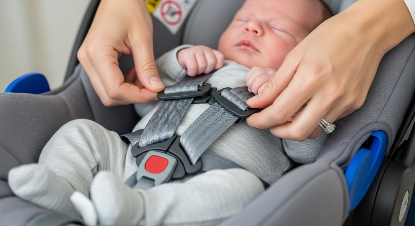 신생아 바구니 카시트에 아기를 안전하게 고정하는 모습