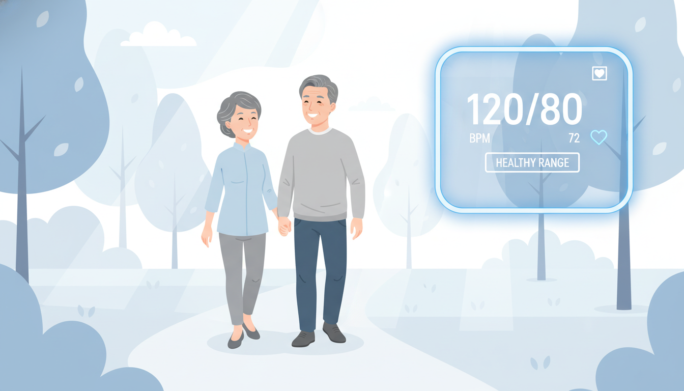 공원에서 걷기 운동을 하는 중년 부부와 가정용 혈압계 일러스트