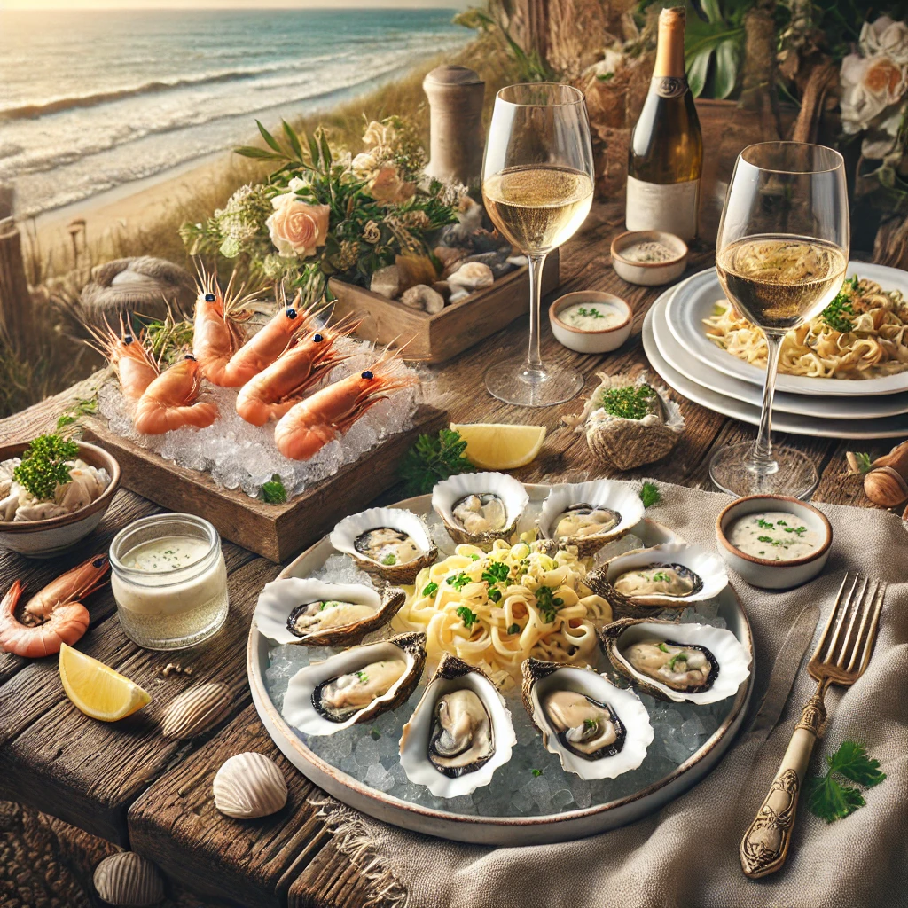 싱싱한 굴과 새우 크림 파스타가 세팅된 테이블