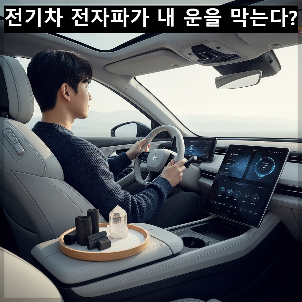미래지향적인 전기차 내부에서 한국인 남성 운전자가 천연 수정 소품 옆에서 평온한 표정으로 핸들을 잡고 있으며, 차창 밖으로 맑은 하늘이 보이는 고화질 이미지