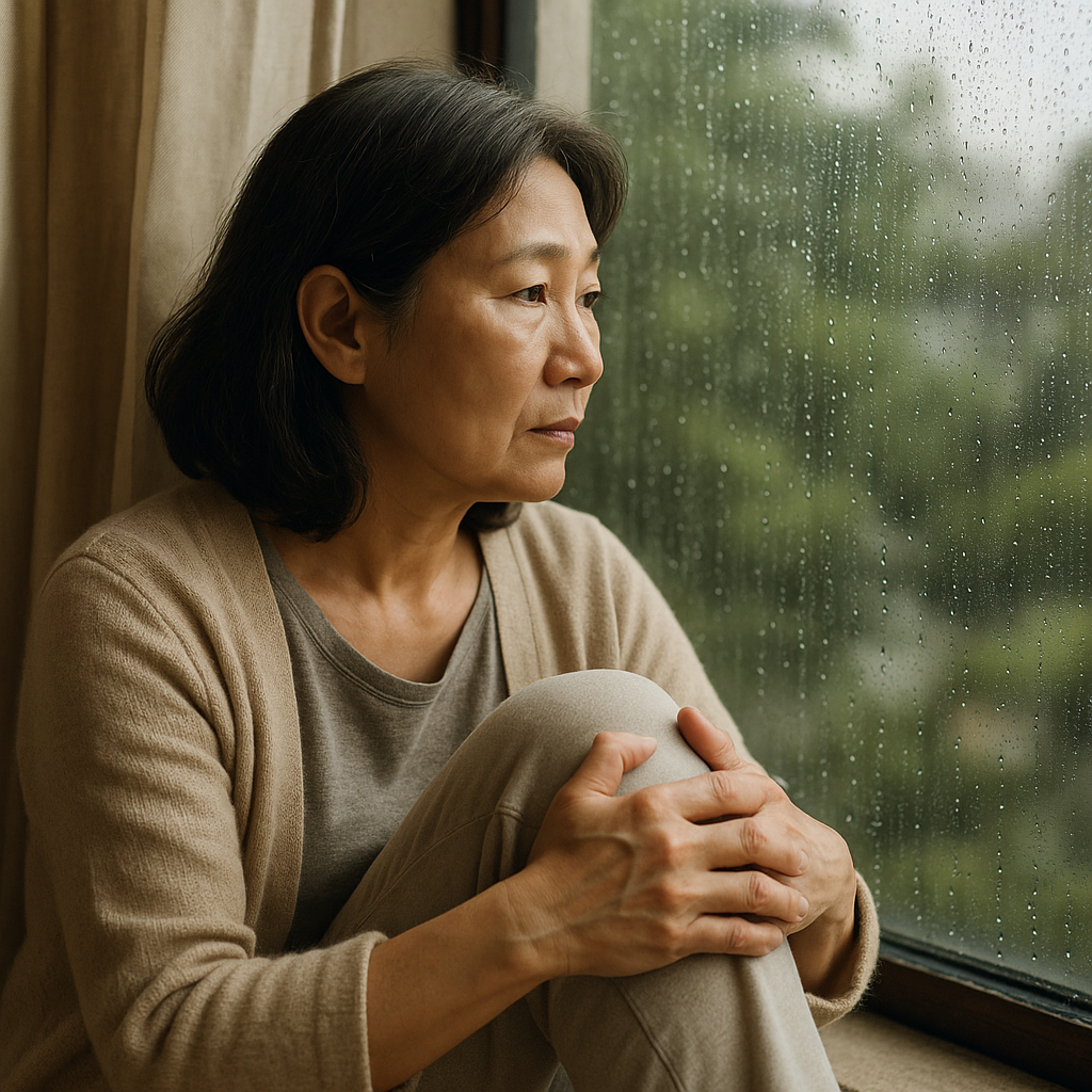우울하게 창밖을 바라보는 중년여성