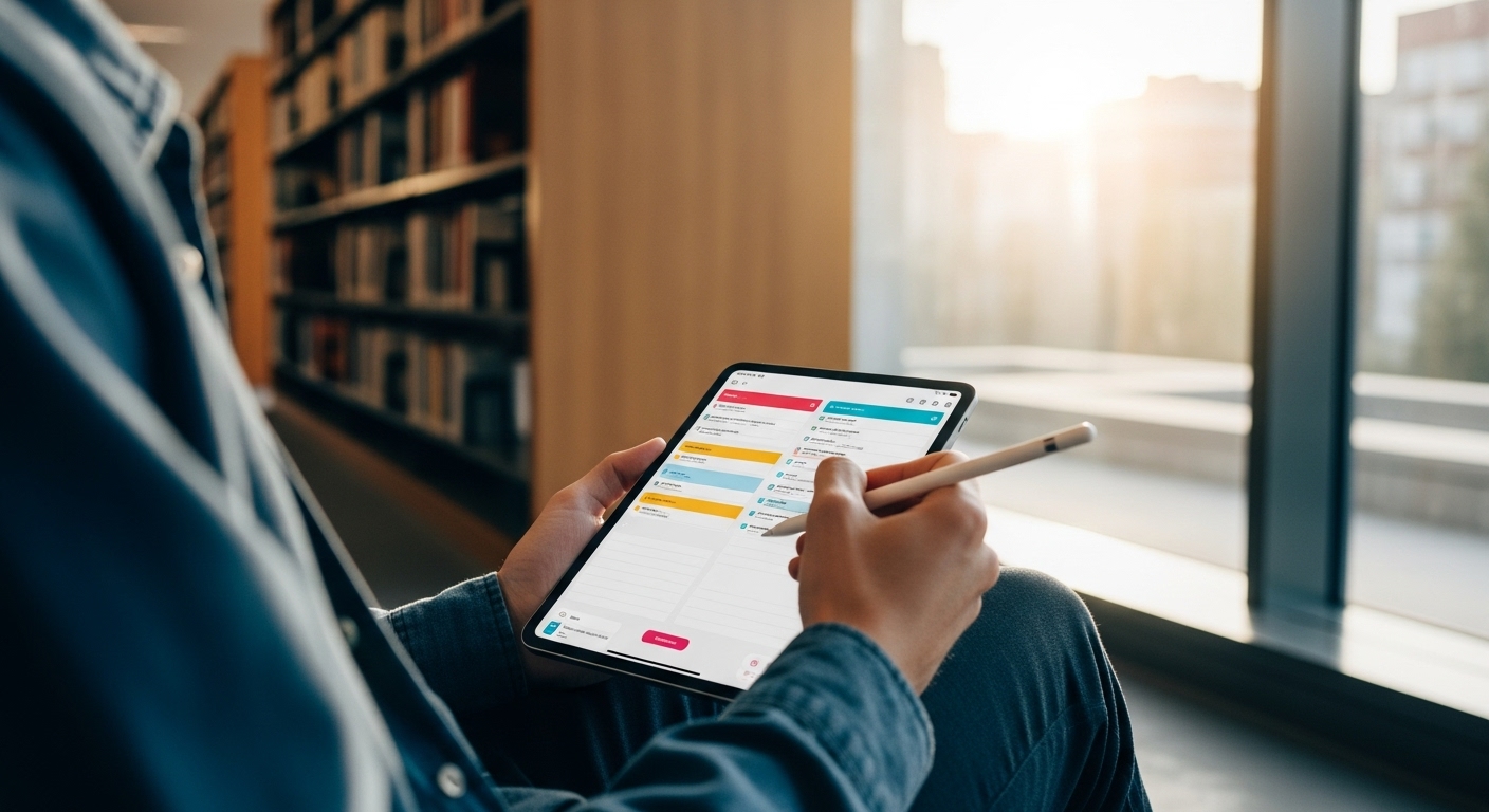 대학생이 도서관에서 태블릿과 스타일러스 펜을 사용해 필기하고 있는 모습.