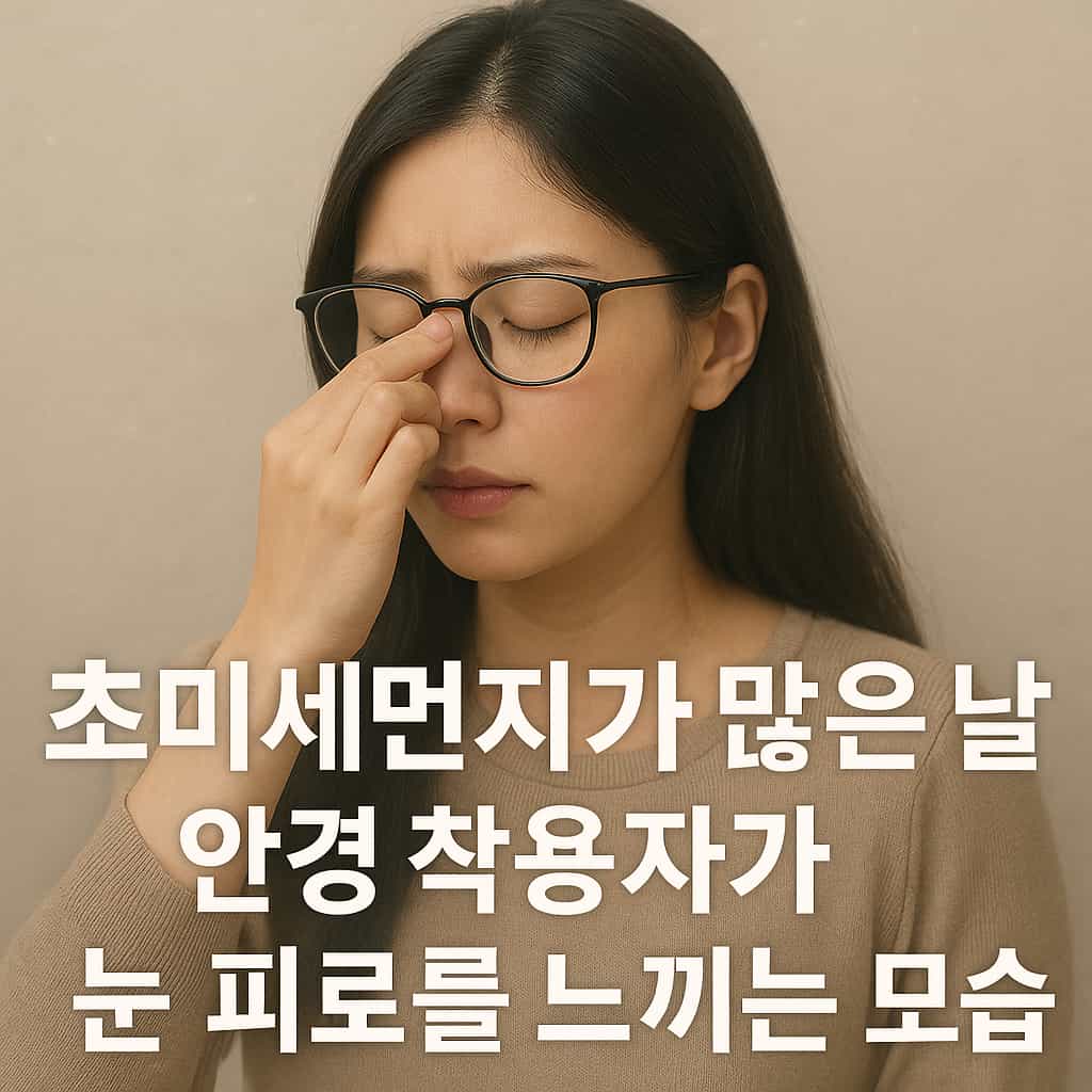 초미세먼지가 많은 날 안경 착용자가 눈 피로를 느끼는 모습의 이미지