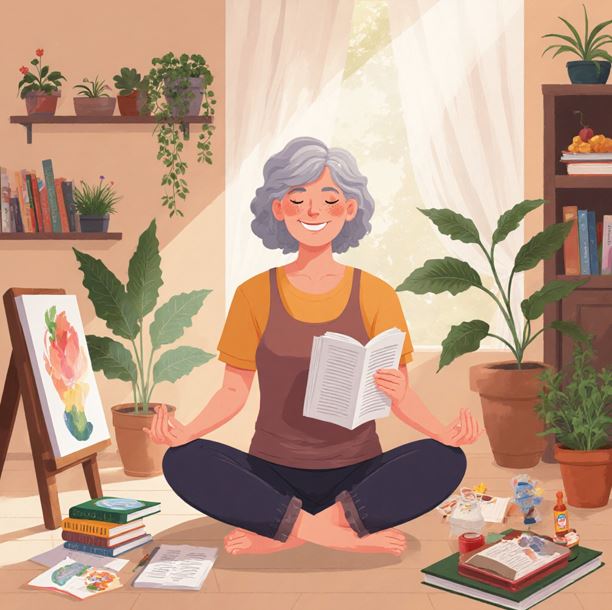 50대 중년의 사람이 요가와 명상, 독서 등으로 자기 돌봄 활동을 하고 있는 모습