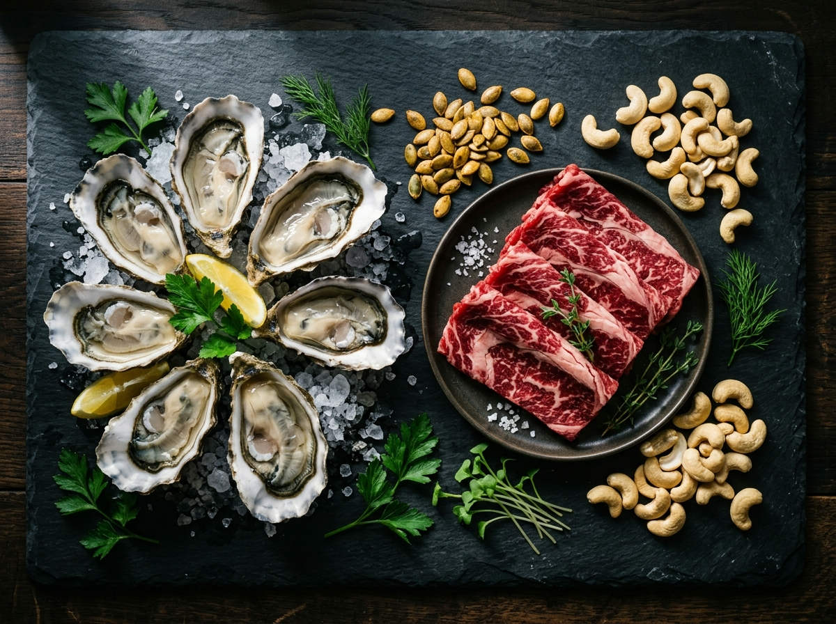 아연이 풍부한 굴, 소고기, 호박씨, 견과류를 담은 푸드 플랫레이