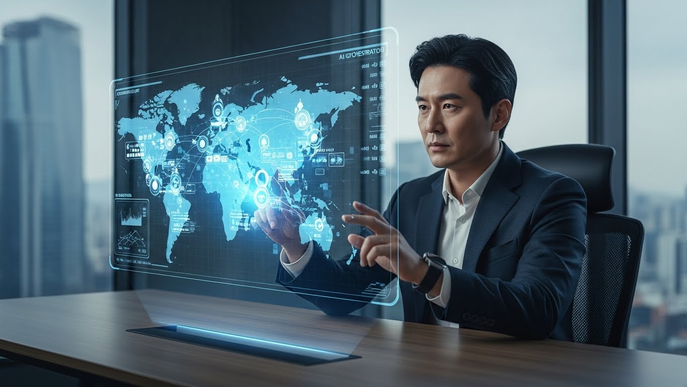 투명 홀로그램 디스플레이를 통해 다수의 AI 에이전트 프로젝트를 관리하는 한국인 전문가의 모습