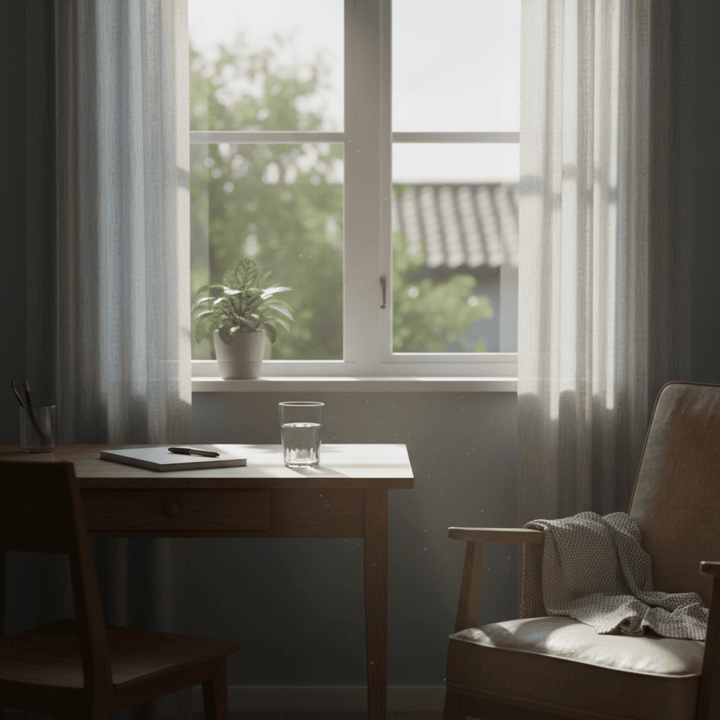 오후 햇빛이 들어오는 공간에서 책상 위에 놓인 물컵과 조용한 분위기