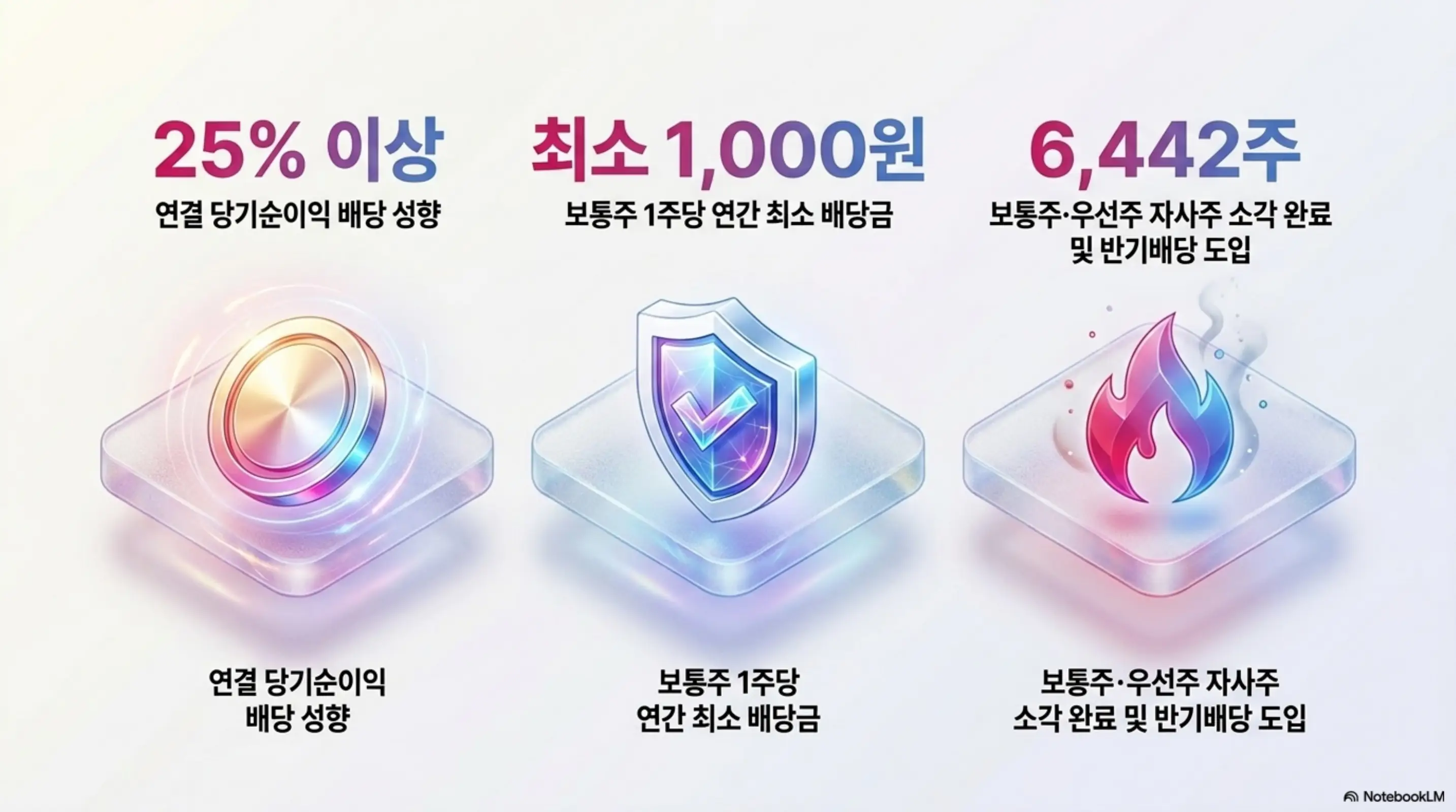LG전자 주주환원 정책 3대 핵심을 아이콘으로 정리한 이미지. 연결 당기순이익 25% 이상 배당 성향과 보통주 1주당 연간 최소 1000원 배당금 그리고 보통주 우선주 자사주 6442주 소각 완료 및 반기배당 도입을 보여주며 LG전자 배당금 투자 정보를 시각적으로 전달함