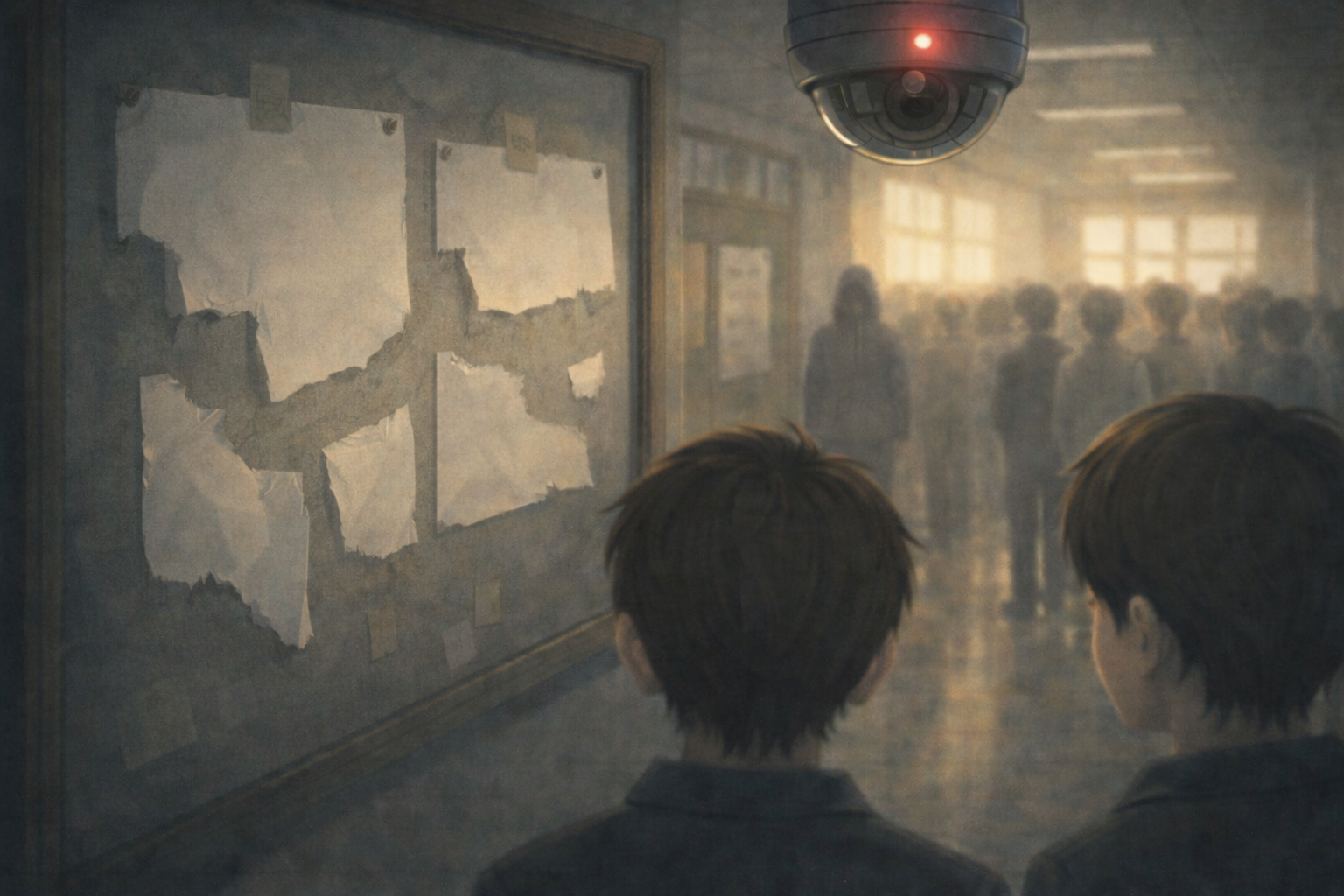 학교 복도 게시판에 찢겨진 종이들이 남아 있고, 학생들이 그 앞에 멈춰 서 있다. 문장은 사라졌지만 질문의 흔적만 남아 있으며, 천장 CCTV의 붉은 불빛 아래 침묵과 불편함이 퍼지는 장면. ‘그리고 너는 누구의 편이었는가’라는 질문이 보이지 않게 확산되는 순간을 상징하는 이미지.