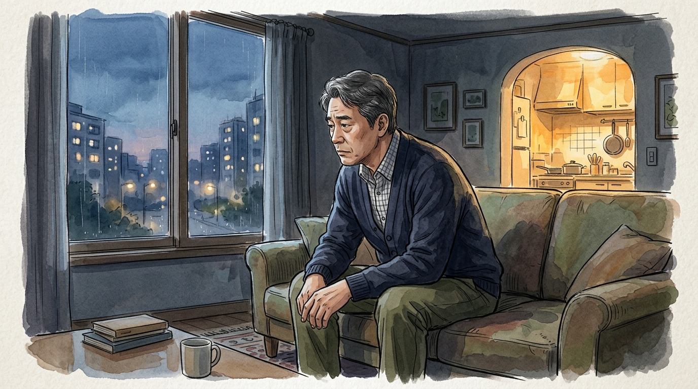 남성이 먼 곳을 응시하며 침묵하고 있은 모습.