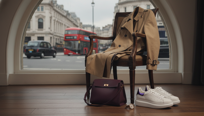 영국 명품 브랜드를 상징하는 버버리 코트와 멀버리 백이 놓인 고급스러운 인테리어 사진