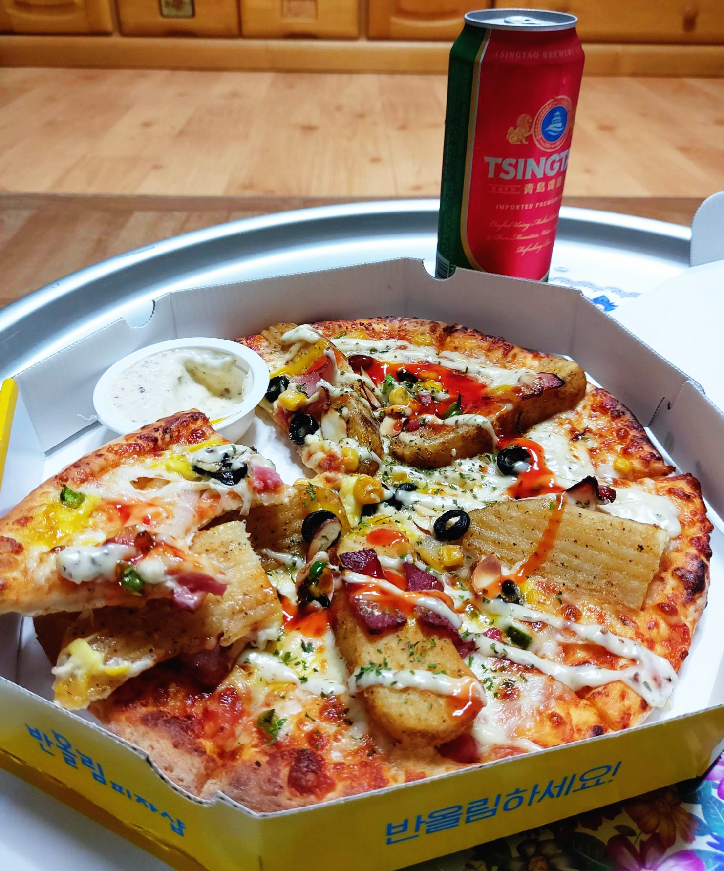 반올림피자샵 포테이토피자에 칭따오