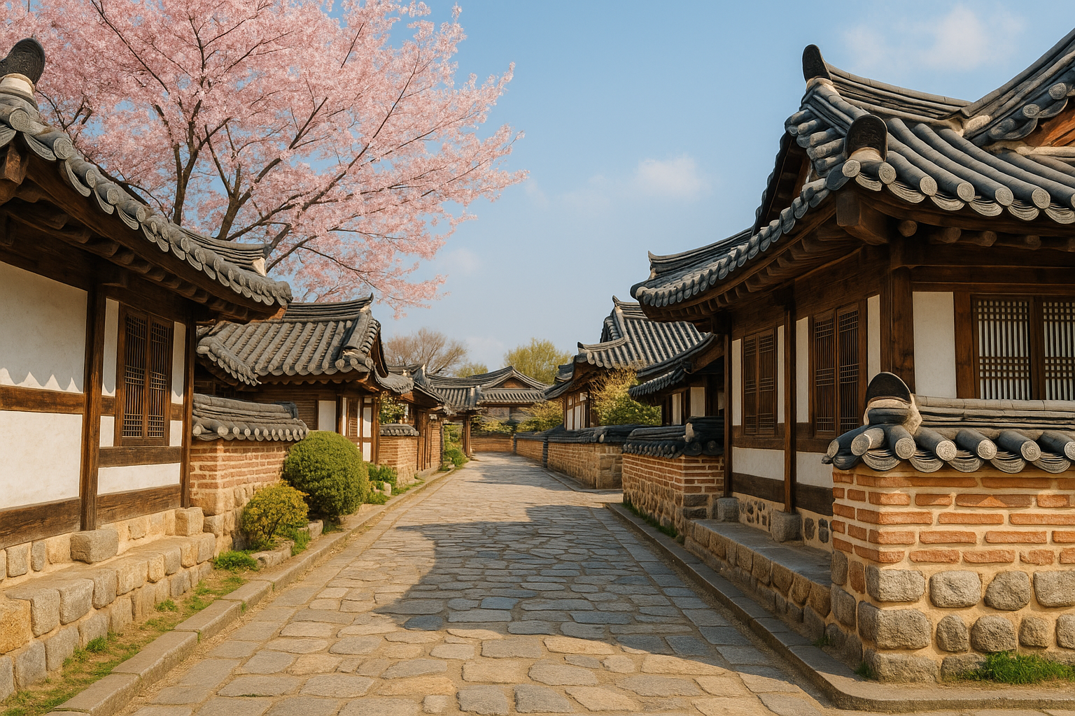 고즈넉한 봄 햇살이 비치는 전주한옥마을 거리