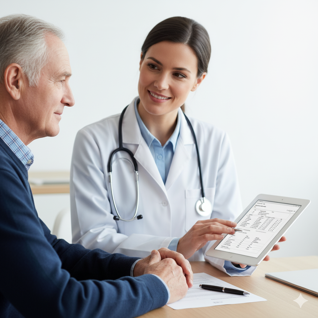 보건소에서 치매 검사 결과에 대해 의사와 상담하며 미소 짓는 어르신