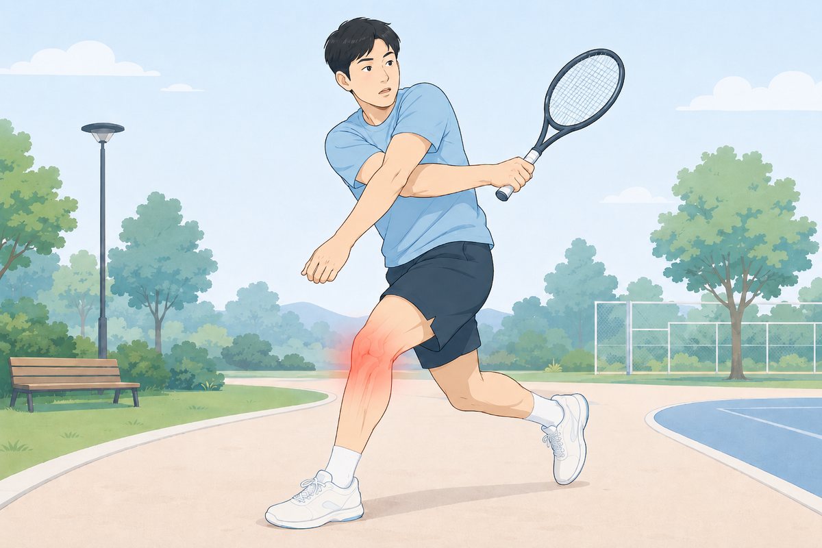 테니스를 치며 몸을 비틀어 방향을 바꾸는 순간 무릎에 통증이 생긴 남성