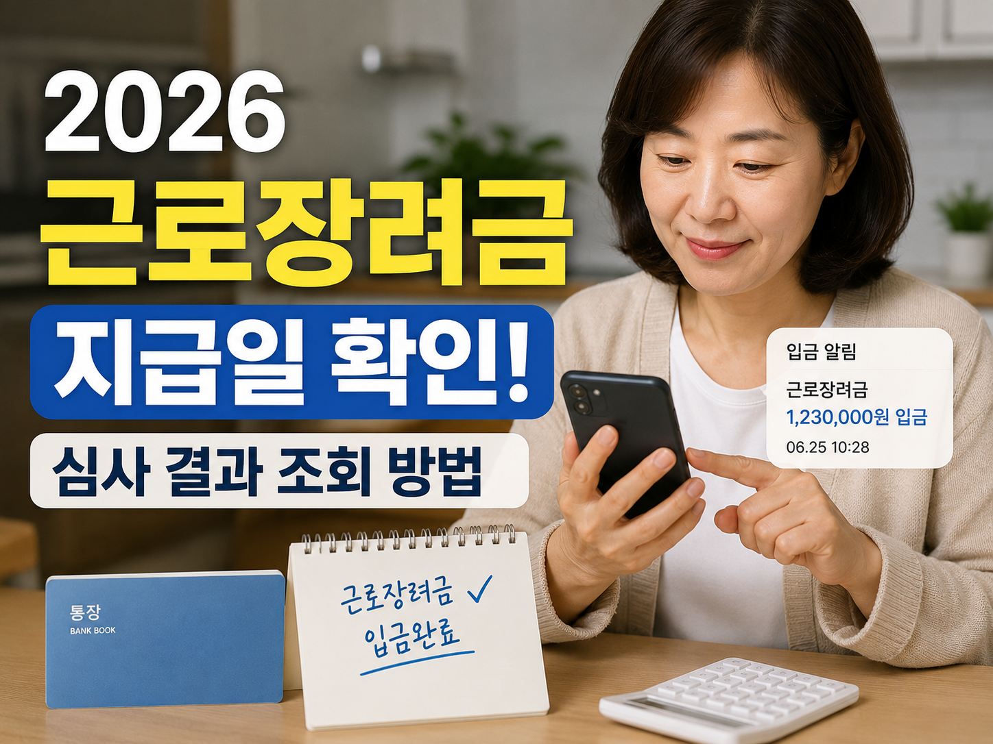 주방 식탁에서 통장과 휴대전화의 장려금 입금내역을 확인하는 중년 근로자