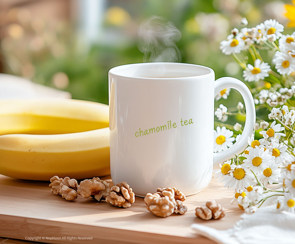 수면 전 간 회복을 돕는 카모마일 차 바나나 호두 사진