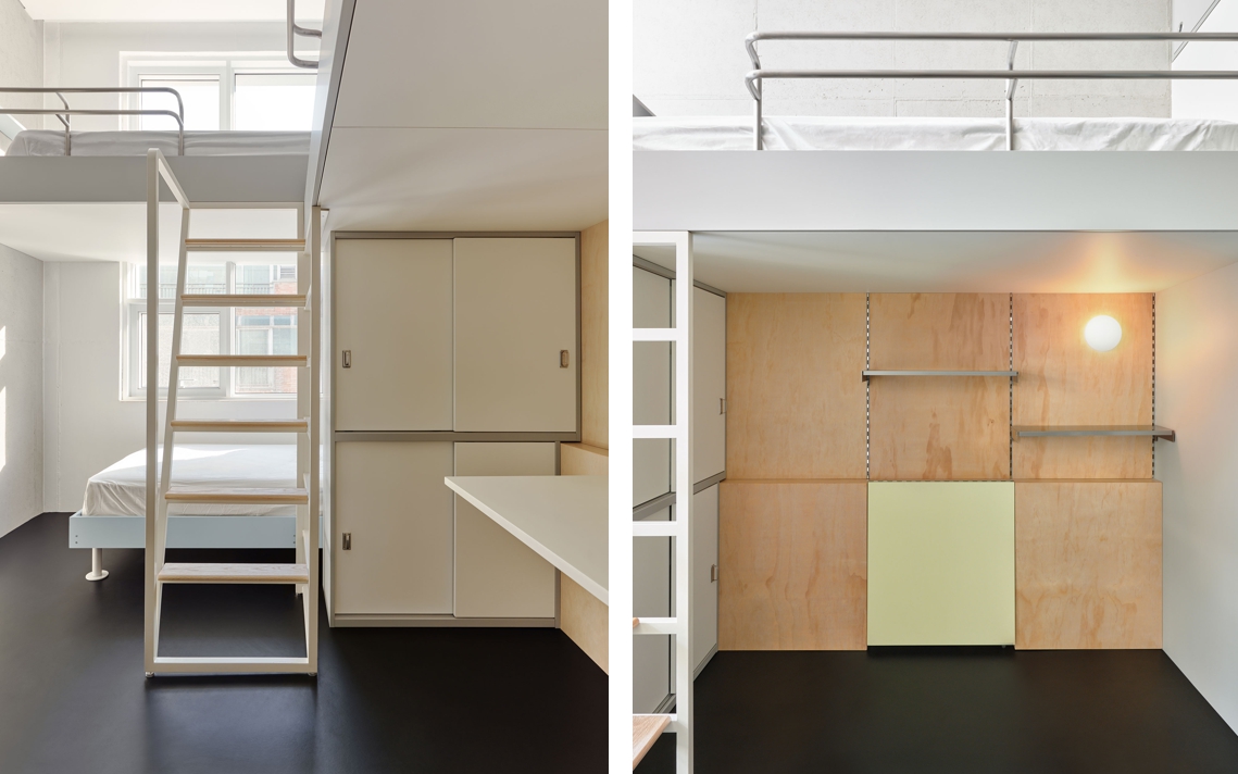 MMK 기숙사의 또 다른 객실 디자인, 밝은 나무 소재와 블랙 바닥, 복층 침대 구조의 미니멀한 공간