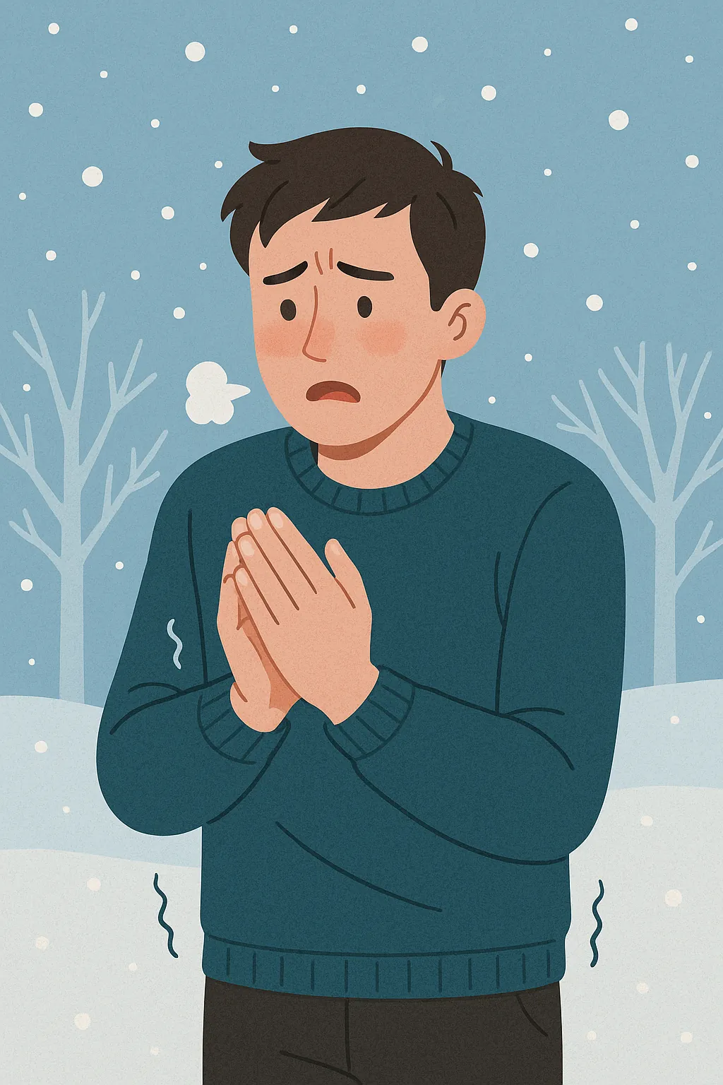 추운 날씨에 손을 비비며 시린 손을 호호 불고 있는 남성의 일러스트
