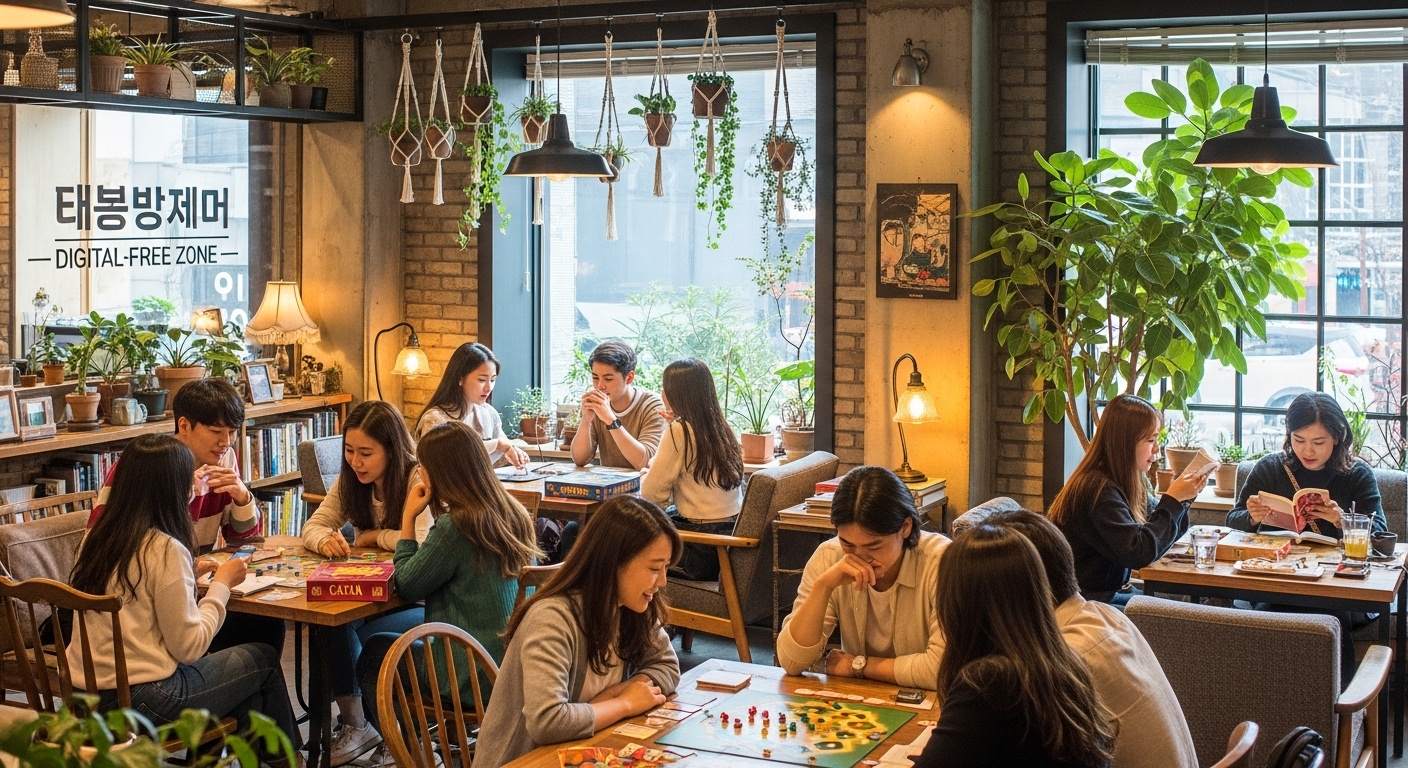 홍대나 성수 같은 트렌디한 카페에서 젊은 사람들이 스마트폰 없이 보드게임을 하거나 대화하며 교류하는 모습. 아늑하고 활기찬 오프라인 커뮤니티를 나타냅니다