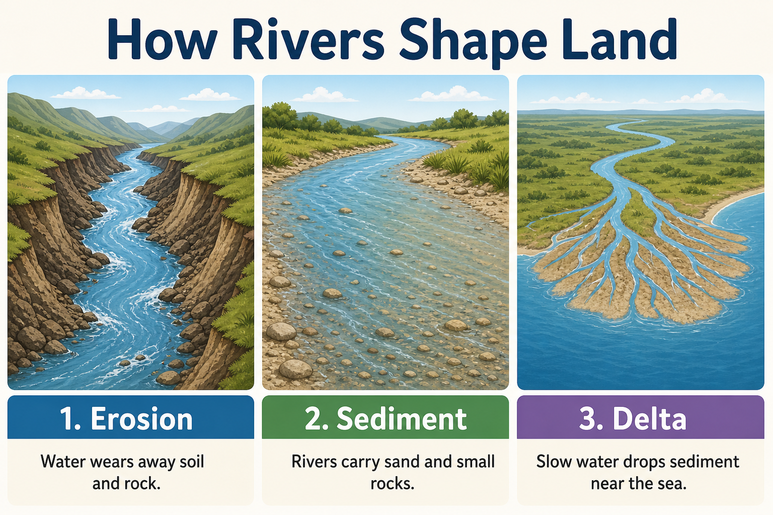 Infographic explaining how rivers shape the land
