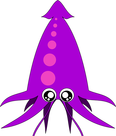 보라색 오징어 그림으로 두 눈은 까만 눈동자가 빛나고, 10개의 다리가 있다.