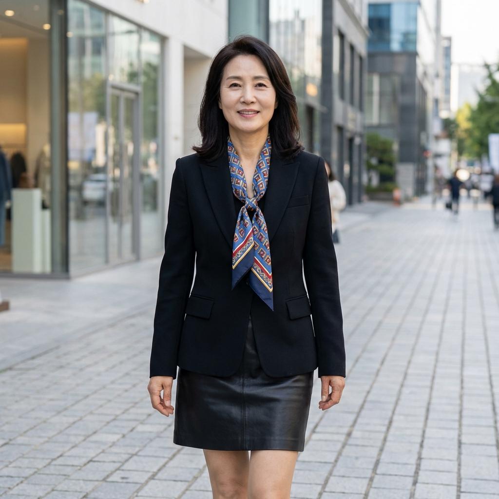 블랙 자켓에 스카프 하나로 10년 젊어 보이기