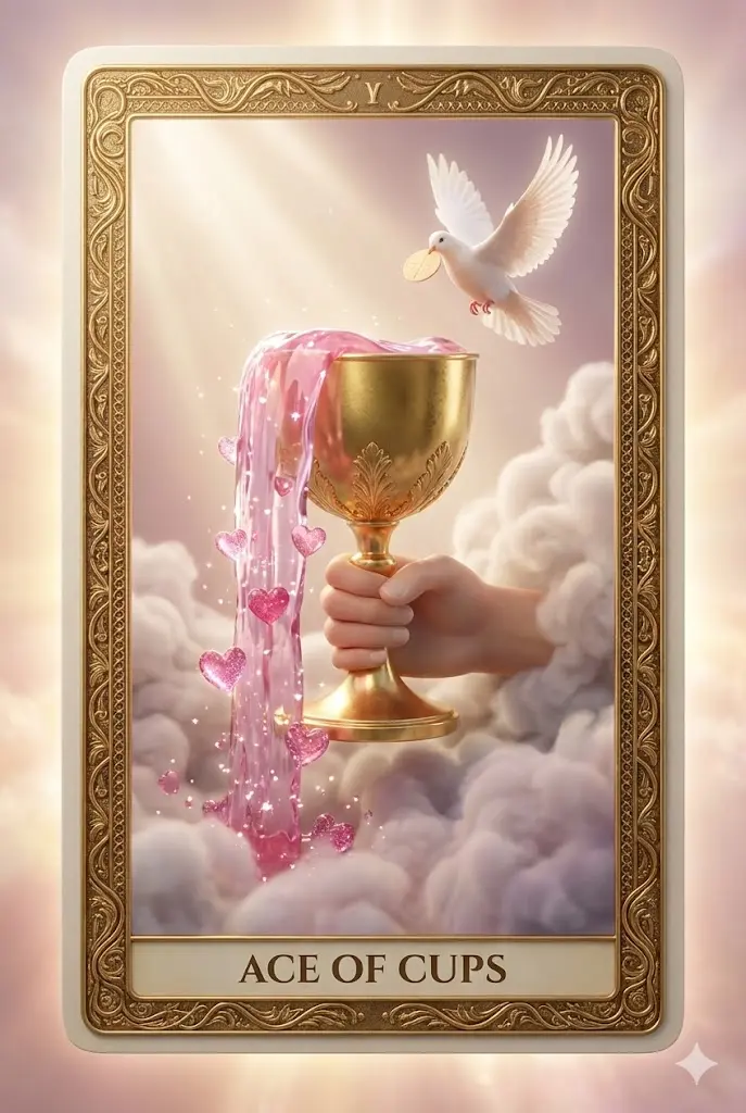 구름 속에서 나온 손이 황금 성배를 받치고 있습니다. 성배에서는 핑크색 물과 반짝이는 하트들이 흘러넘치고 있습니다. 위쪽에는 비둘기가 성체를 물고 날아다니며, 전체적으로 신비롭고 사랑스러운 빛이 감도는 낭만적인 분위기입니다. 사랑의 시작과 넘치는 감정을 상징합니다.