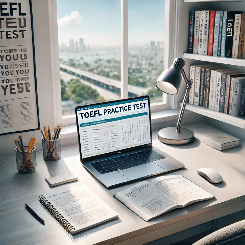 토플 준비 자료와 노트북이 놓인 현대적인 컴퓨터 책상, 창문을 통해 자연광이 비치는 공부 환경.