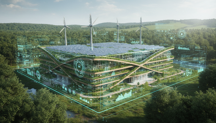 탄소 중립 실천과 디지털 트윈 기술이 적용된 미래형 스마트 팩토리 전경