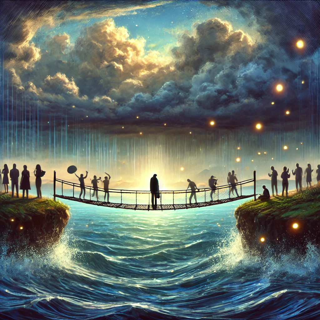 풍경을 바라보며 다리위에 서 있는 군중들과 그 속에 외로운 사람 하나의 그림